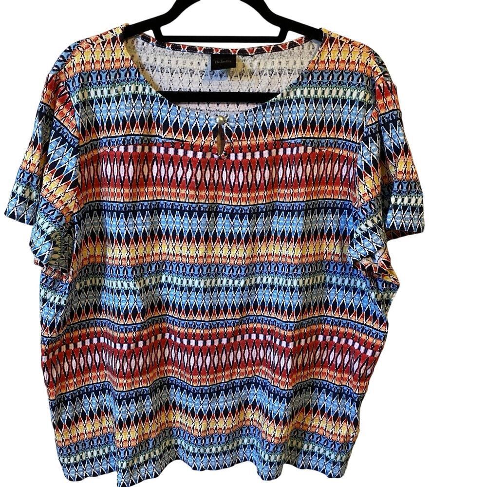 RAFAELLA Women 1X Stretch Cotton Short Sleeve Top Shirt Multicolor Keyhole